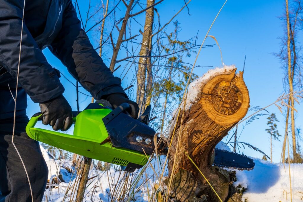tearing down logs in the snow
