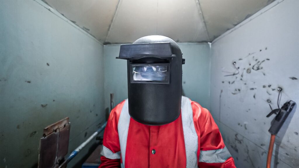 A person in welding gear and a helmet 