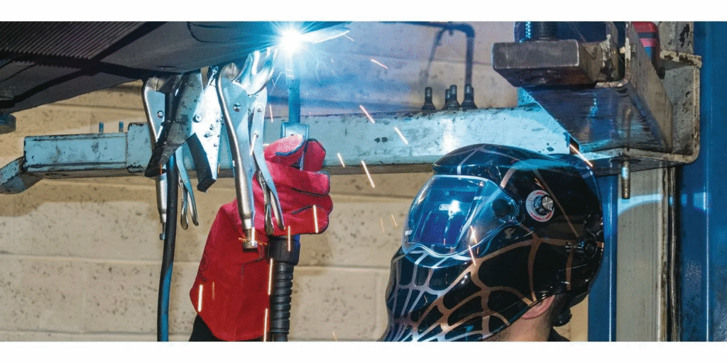 A man welding with a helmet and gloves