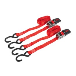 Sealey TD284SD Ratchet Tie Down 25mm x 4m Polyester Webbing with S Hooks 800kg Load Test - Pair
