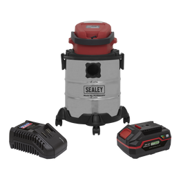 Sealey Vacuum Cleaner 20L Wet & Dry Cordless 20V with 4Ah Battery & Charger PC20VCOMBO4