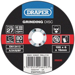 Draper 26820 Grinding Disc With Depressed Centre Bore (100 x 6 x 16mm)