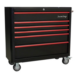 Sealey AP41206BR Rollcab 6 Drawer Wide Retro Style - Black with Red Anodised Drawer Pulls