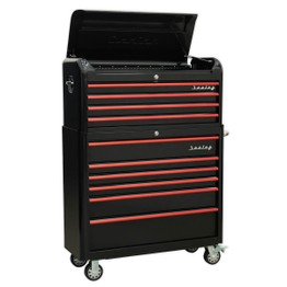 Sealey AP41COMBOBR Retro Style Extra Wide Topchest & Rollcab Combination 10 Drawer - Black with Red Anodised Drawer Pul