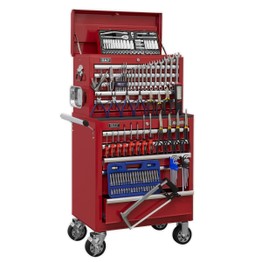 Sealey APCOMBOBBTK55 Topchest & Rollcab Combination 10 Drawer with Ball Bearing Slides - Red & 147pc Tool Kit
