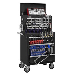 Sealey APCOMBOBBTK56 Topchest & Rollcab Combination 10 Drawer with Ball Bearing Slides - Black with 147pc Tool Kit