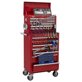 Sealey APCOMBOBBTK57 Topchest & Rollcab Combination 15 Drawer with Ball Bearing Slides - Red & 147pc Tool Kit
