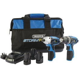 Draper 52046 Storm Force&#174; 10.8V Power Interchange Drill and Driver Twin Kit (+3 x 1.5Ah Batteries, Charger and Bag)