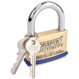 Draper 64163 60mm Solid Brass Padlock and 2 Keys with Mushroom Pin Tumblers Hardened Steel Shackle and Bumper