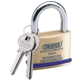 Draper 64162 50mm Solid Brass Padlock and 2 Keys with Mushroom Pin Tumblers Hardened Steel Shackle and Bumper