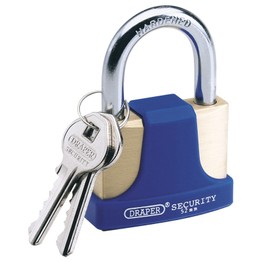 Draper 64166 52mm Solid Brass Padlock and 2 Keys with Hardened Steel Shackle and Bumper