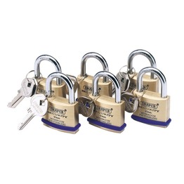 Draper 67659 Pack of 6 x 40mm Solid Brass Padlocks with Hardened Steel Shackle