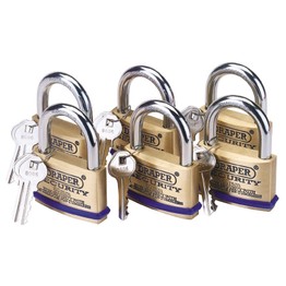 Draper 67663 Pack of 6 x 60mm Solid Brass Padlocks with Hardened Steel Shackle