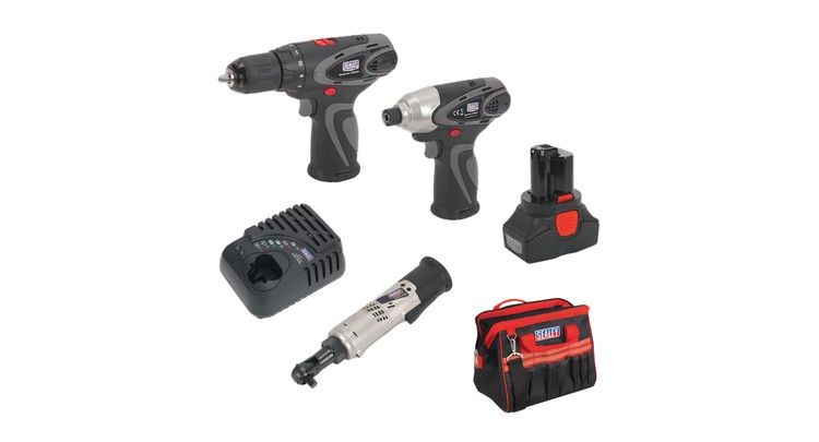 Sealey Power Tool Bundle - Drill, Ratchet Wrench, Impact Driver, Storage Bag