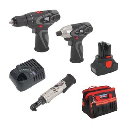 Sealey Power Tool Bundle - Drill, Ratchet Wrench, Impact Driver, Storage Bag