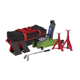 Sealey Trolley Jack 2tonne Low Entry Short Chassis - Hi-Green and Accessories Bag Combo 1020LEHVBAGCOMBO