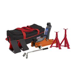 Sealey Trolley Jack 2tonne Low Entry Short Chassis - Orange and Accessories Bag Combo 1020LEOBAGCOMBO