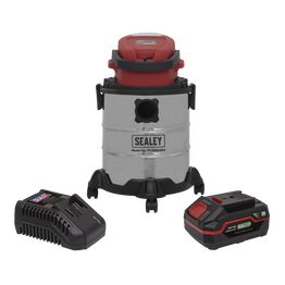 Sealey Vacuum Cleaner 20L Wet & Dry Cordless 20V with 4Ah Battery & Charger PC20VCOMBO4