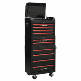 Sealey AP28COMBO2BR Retro Style Topchest, Mid-Box & Rollcab Combination 10 Drawer - Black with Red Anodised Drawer Pulls