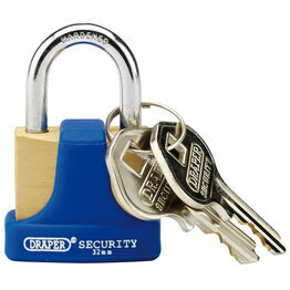 Draper 64164 32mm Solid Brass Padlock and 2 Keys with Hardened Steel Shackle and Bumper