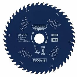 Draper 34700 Draper Expert TCT Circular Saw Blade for Wood with PTFE Coating, 216 x 30mm, 48T