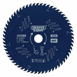 Draper 35585 Draper Expert TCT Circular Saw Blade for Wood with PTFE Coating, 255 x 30mm, 60T