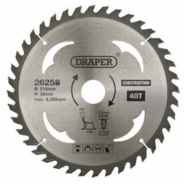Draper 26258 TCT Construction Circular Saw Blade, 216 x 30mm, 40T