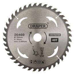 Draper 26469 TCT Construction Circular Saw Blade, 250 x 30mm, 40T