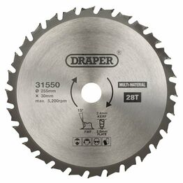 Draper 31550 TCT Multi-Purpose Circular Saw Blade, 255 x 30mm, 28T