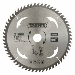 Draper 21680 TCT Circular Saw Blade for Wood, 250 x 30mm, 60T
