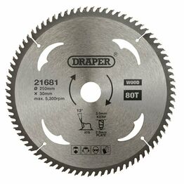 Draper 21681 TCT Circular Saw Blade for Wood, 250 x 30mm, 80T