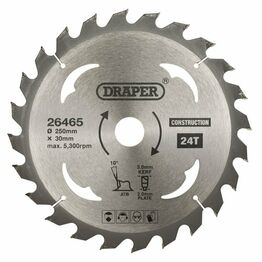 Draper 26465 TCT Construction Circular Saw Blade, 250 x 30mm, 24T