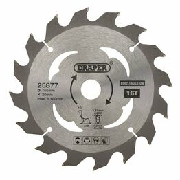 Draper 25877 TCT Cordless Construction Circular Saw Blade for Wood & Composites, 165 x 20mm, 16T