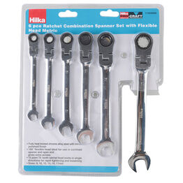 Hilka 6 pce Ratchet Combination Spanner Set with Flexible Head Metric Pro Craft