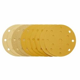 Draper 08480 Gold Sanding Discs with Hook & Loop, 150mm, Assorted Grit - 120G, 180G, 240G, 320G, 400G, 15 Dust Extraction Holes (Pack of 10)