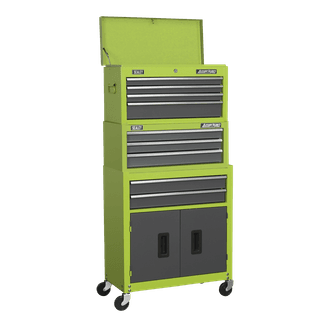 Sealey Topchest, Mid-Box &amp; Rollcab 9 Drawer Stack - Hi-Vis Green AP2200BBHVSTACK