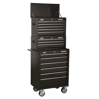 Sealey AP22BSTACK Topchest, Mid-Box &amp; Rollcab 14 Drawer Stack - Black
