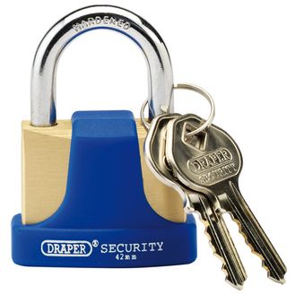 Draper 64165 42mm Solid Brass Padlock and 2 Keys with Hardened Steel Shackle and Bumper