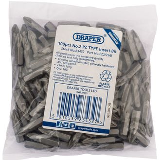 Draper 83432 No.2 PZ TYPE 1/4" Insert Bits (Bag of 100)
