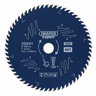 Draper 35241 Draper Expert TCT Circular Saw Blade for Wood with PTFE Coating, 250 x 30mm, 60T
