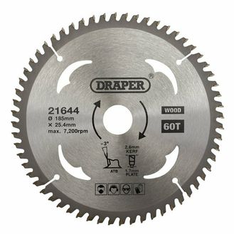 Draper 21644 TCT Circular Saw Blade for Laminate &amp; Wood, 185 x 25.4mm, 60T