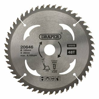 Draper 20646 TCT Circular Saw Blade for Wood, 165 x 20mm, 48T