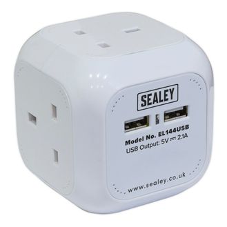 Sealey EL144USB Extension Cable Cube 1.4m 4 x 230V + 2 x USB Sockets - White