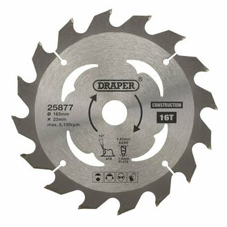 Draper 25877 TCT Cordless Construction Circular Saw Blade for Wood &amp; Composites, 165 x 20mm, 16T