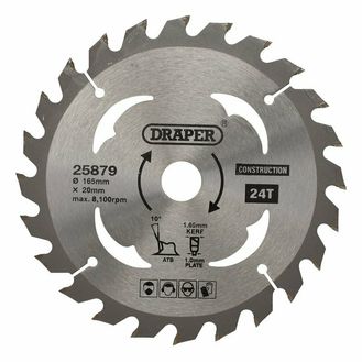 Draper 25879 TCT Cordless Construction Circular Saw Blade for Wood &amp; Composites, 165 x 20mm, 24T