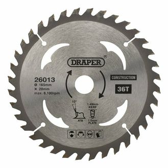 Draper 26013 TCT Cordless Construction Circular Saw Blade for Wood &amp; Composites, 165 x 20mm, 36T