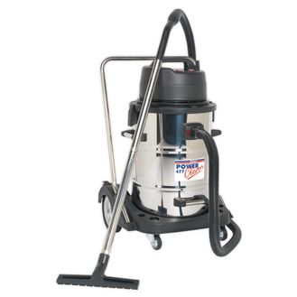 Sealey PC477 Vacuum Cleaner Industrial Wet &amp; Dry 77ltr Stainless Steel Drum with Swivel Emptying 2400W