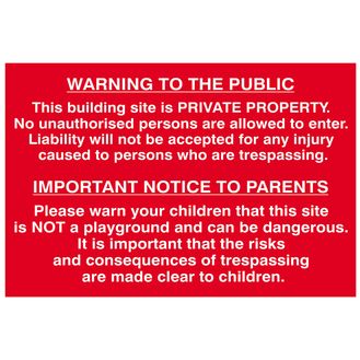 Scan Building Site Warning to Public &amp; Parents - PVC Sign 600 x 400mm