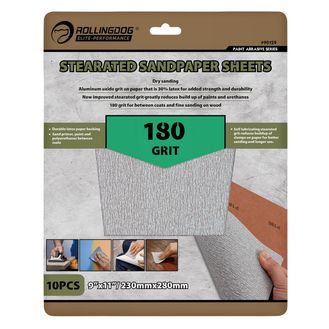 Rollingdog 09654 Stearated Sanding Sheets, 230 x 280mm, 180 Grit (Pack of 10)