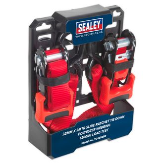Sealey TD1202SR Slide Ratchet Tie Down 32mm x 3m Polyester Webbing with S Hooks 1200kg Load Test